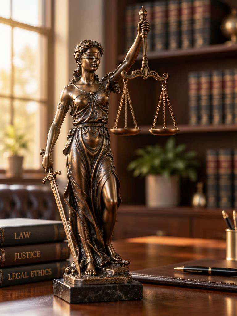 Lady Justice statue with scales on a law office desk